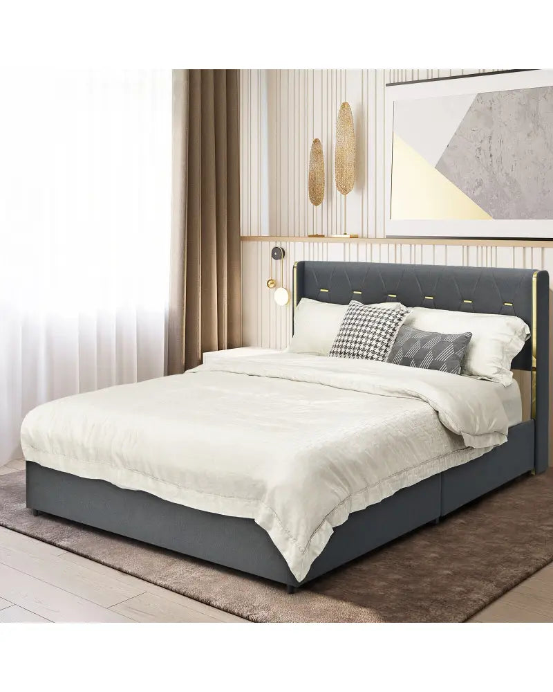 Full/Queen Size Upholstered Bed Frame with 4 Storage Drawers-Full Size - Black - Simple Bed Frame