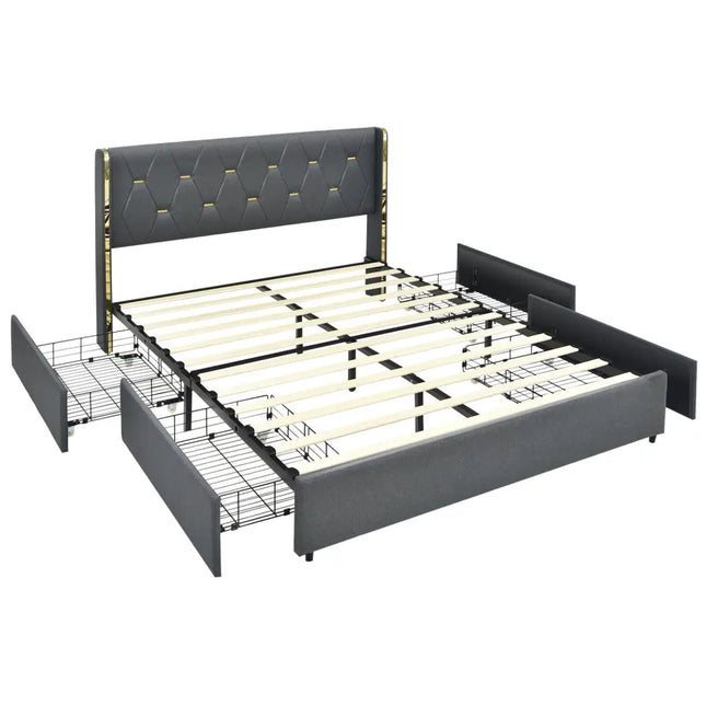 Full/Queen Size Upholstered Bed Frame with 4 Storage Drawers-Full Size - Black - Simple Bed Frame
