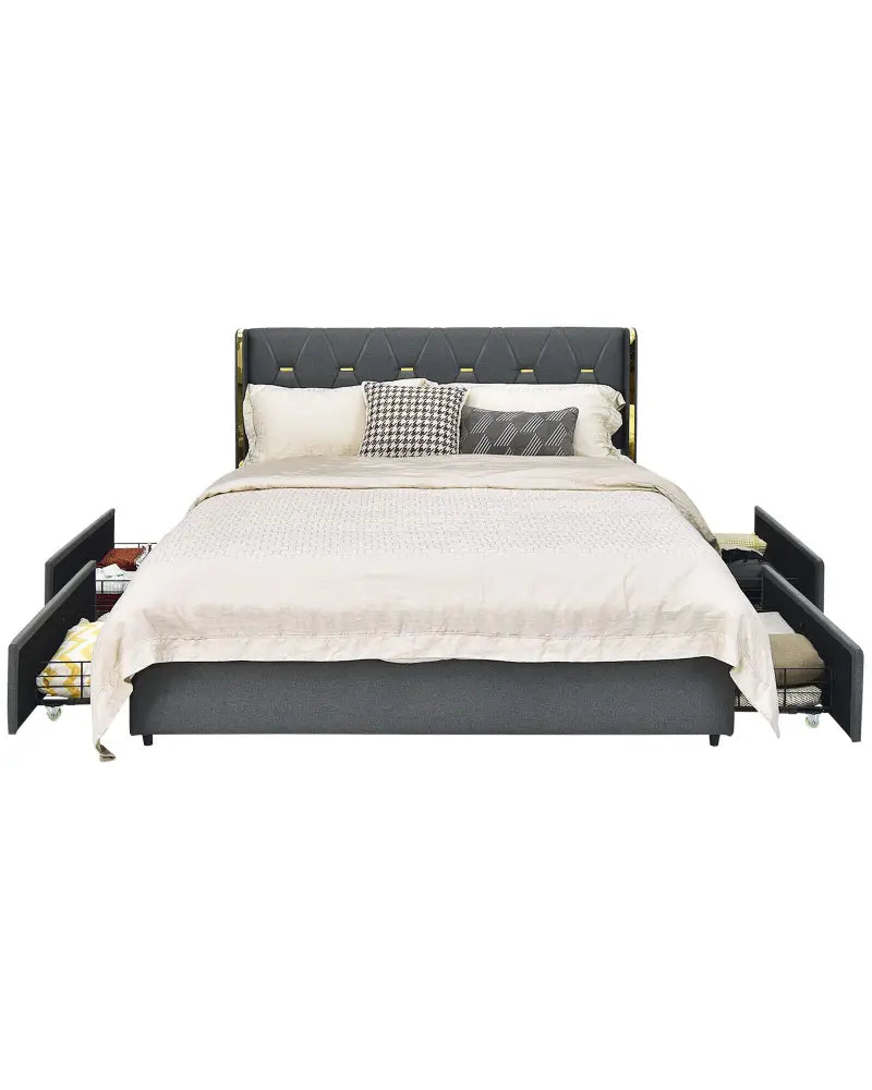 Full/Queen Size Upholstered Bed Frame with 4 Storage Drawers-Full Size - Black - Simple Bed Frame