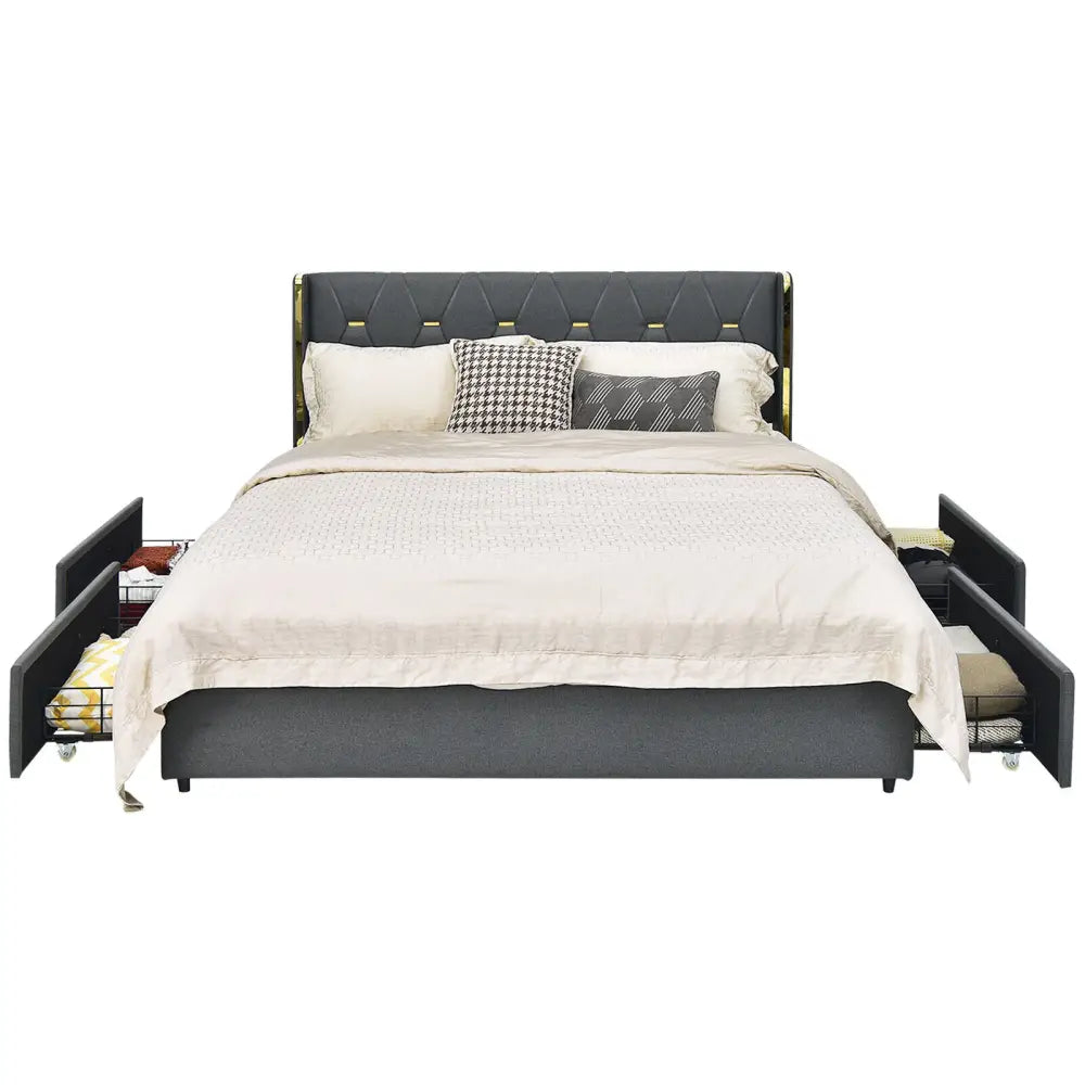 Full/Queen Size Upholstered Bed Frame with 4 Storage Drawers-Full Size - Black - Simple Bed Frame