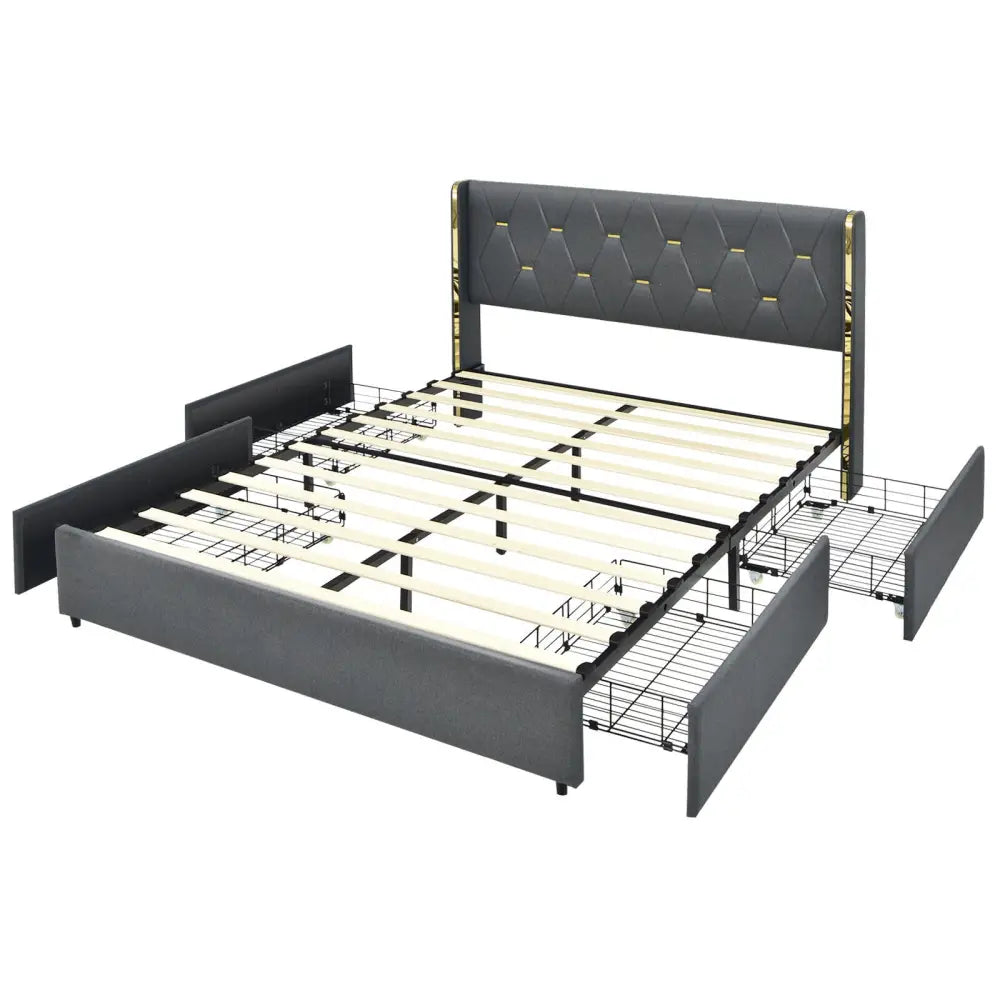 Full/Queen Size Upholstered Bed Frame with 4 Storage Drawers-Full Size - Black - Simple Bed Frame