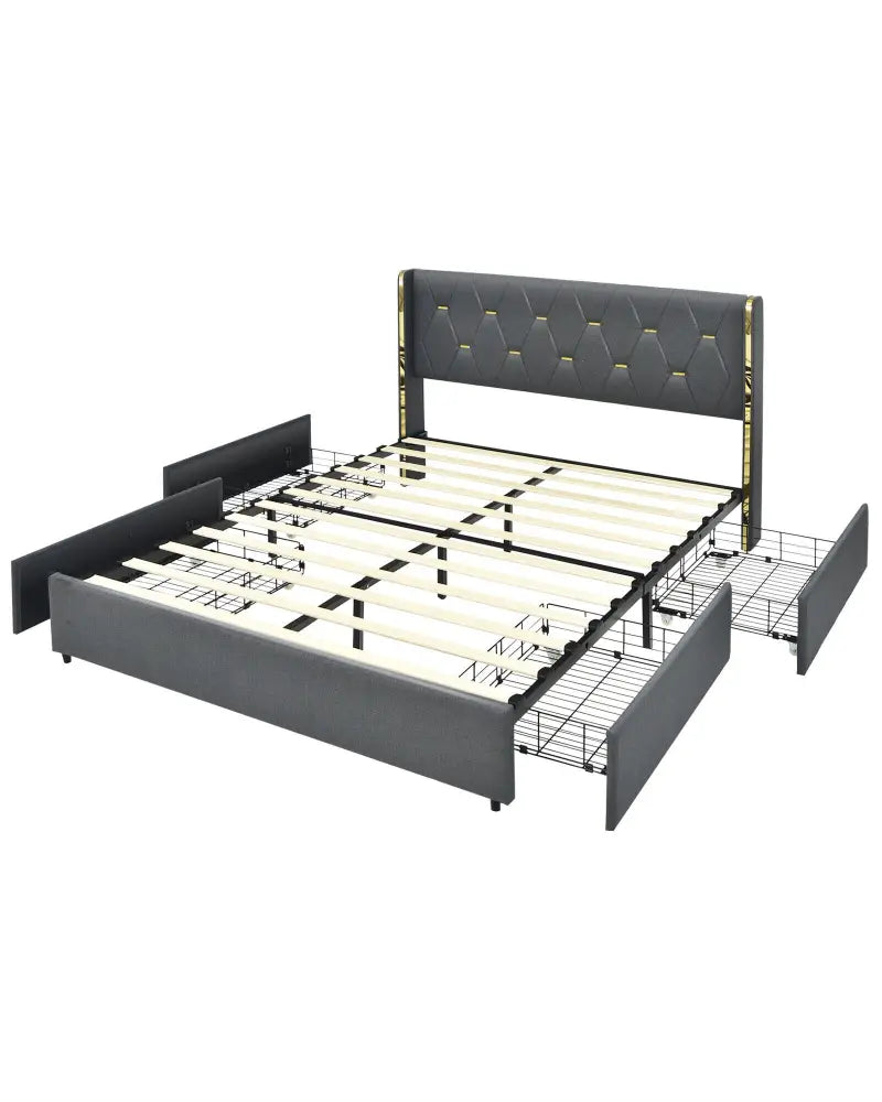Full/Queen Size Upholstered Bed Frame with 4 Storage Drawers-Full Size - Black - Simple Bed Frame