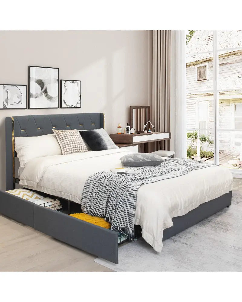 Full/Queen Size Upholstered Bed Frame with 4 Storage Drawers-Full Size - Black - Simple Bed Frame