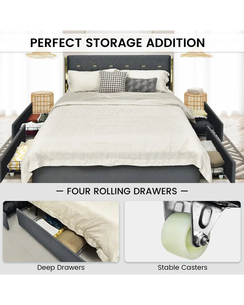 Full/Queen Size Upholstered Bed Frame with 4 Storage Drawers-Full Size - Black - Simple Bed Frame