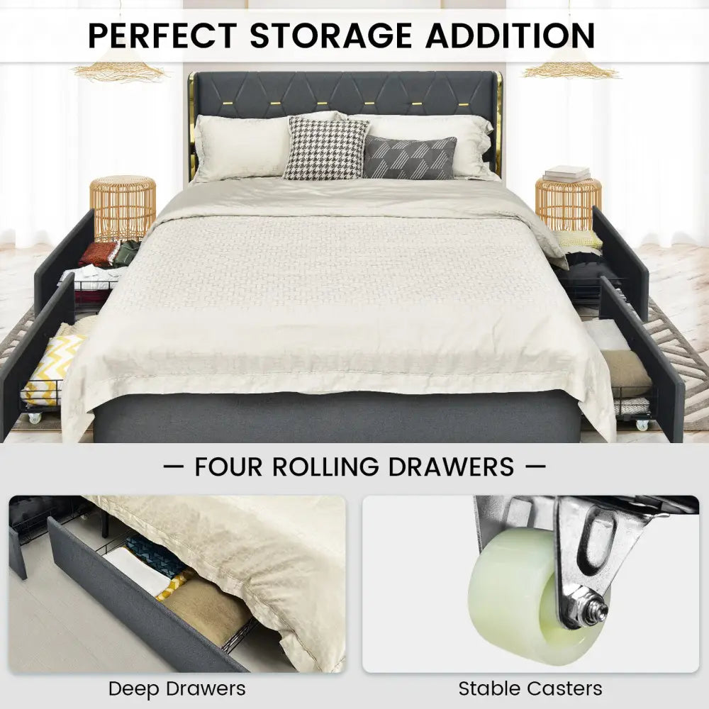 Full/Queen Size Upholstered Bed Frame with 4 Storage Drawers-Full Size - Black - Simple Bed Frame