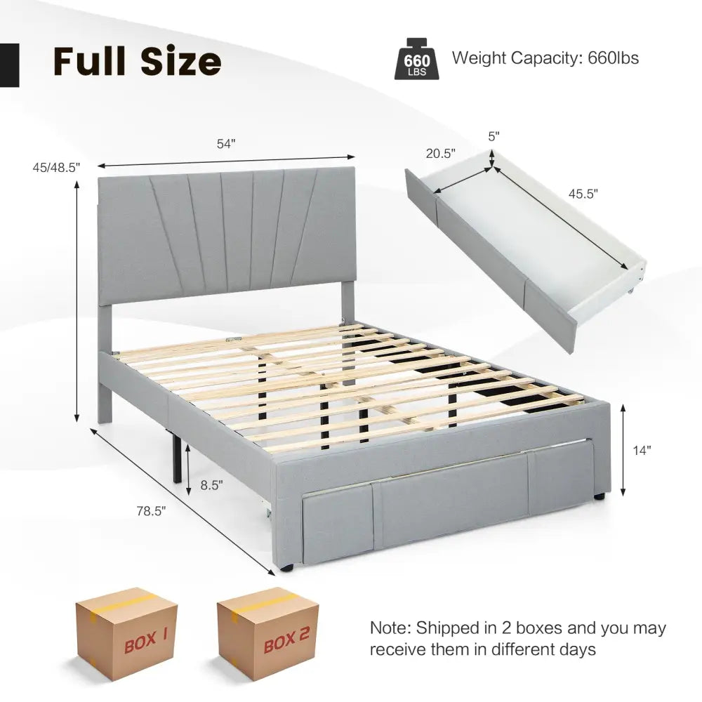 Full/Queen Size Upholstered Bed Frame with Drawer and Adjustable Headboard-Full Size - Gray - Simple Bed Frame