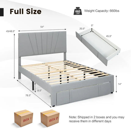 Full/Queen Size Upholstered Bed Frame with Drawer and Adjustable Headboard-Full Size - Gray - Simple Bed Frame