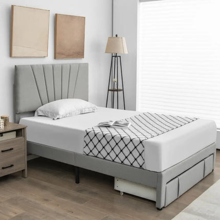 Full/Queen Size Upholstered Bed Frame with Drawer and Adjustable Headboard-Full Size - Gray - Simple Bed Frame