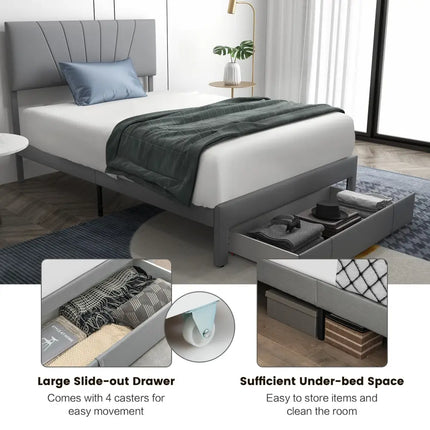 Full/Queen Size Upholstered Bed Frame with Drawer and Adjustable Headboard-Full Size - Gray - Simple Bed Frame