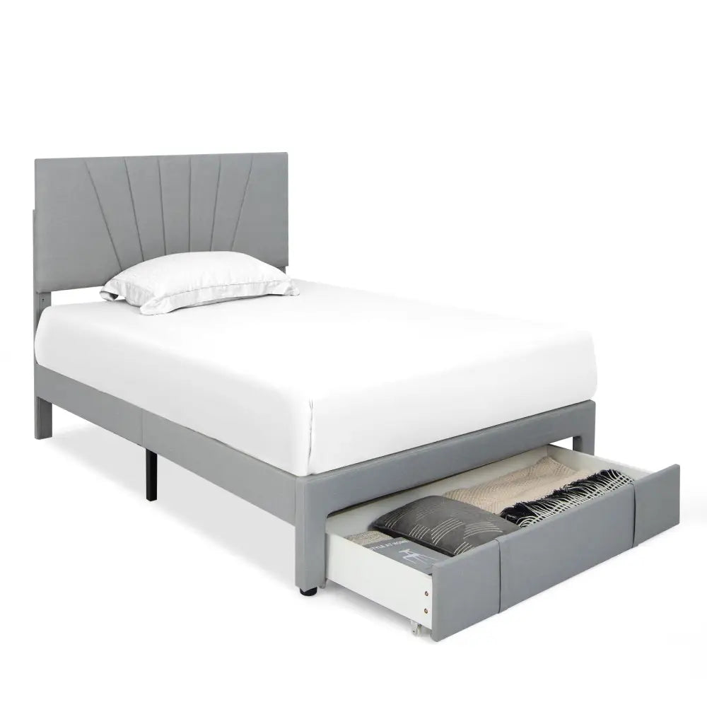 Full/Queen Size Upholstered Bed Frame with Drawer and Adjustable Headboard-Full Size - Gray - Simple Bed Frame