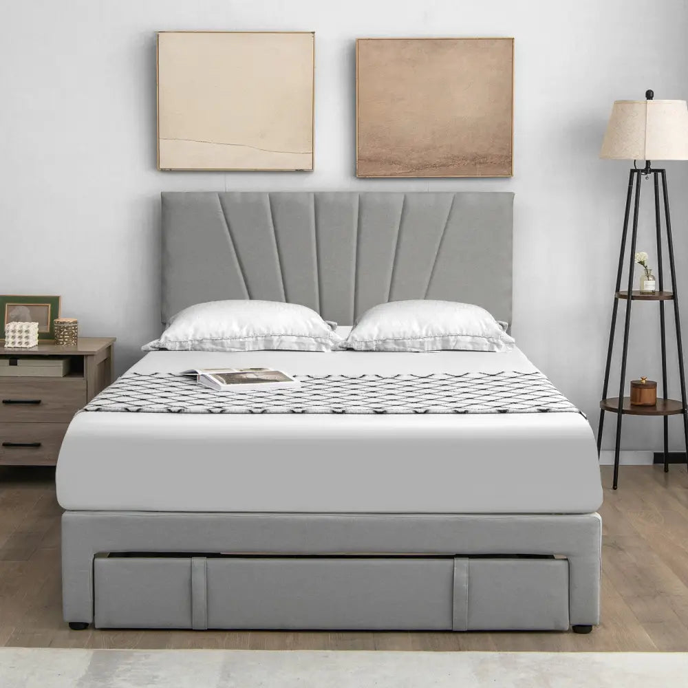 Full/Queen Size Upholstered Bed Frame with Drawer and Adjustable Headboard-Queen Size - Gray - Simple Bed Frame