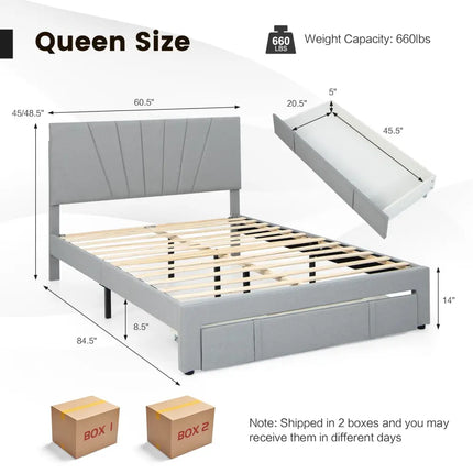 Full/Queen Size Upholstered Bed Frame with Drawer and Adjustable Headboard-Queen Size - Gray - Simple Bed Frame