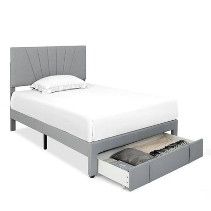 Full/Queen Size Upholstered Bed Frame with Drawer and Adjustable Headboard-Full Size - Gray - Simple Bed Frame