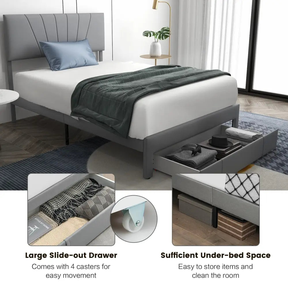 Full/Queen Size Upholstered Bed Frame with Drawer and Adjustable Headboard-Full Size - Gray - Simple Bed Frame