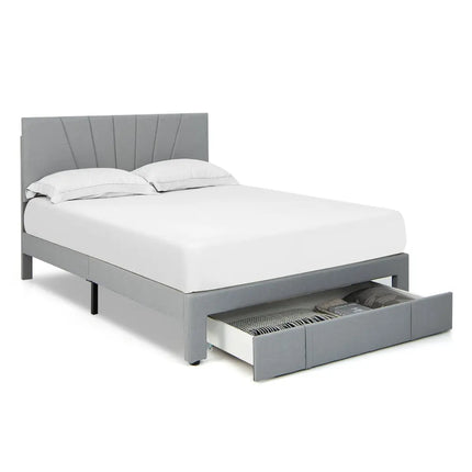 Full/Queen Size Upholstered Bed Frame with Drawer and Adjustable Headboard-Queen Size - Gray - Simple Bed Frame