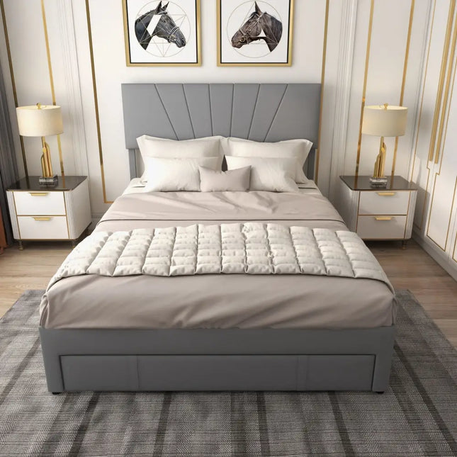 Full/Queen Size Upholstered Bed Frame with Drawer and Adjustable Headboard-Queen Size - Gray - Simple Bed Frame