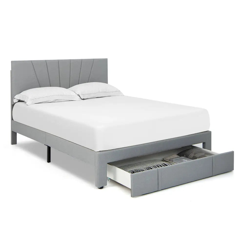 Full/Queen Size Upholstered Bed Frame with Drawer and Adjustable Headboard-Queen Size - Gray - Simple Bed Frame