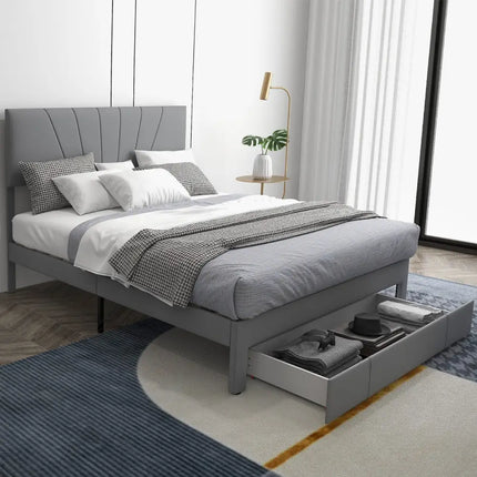 Full/Queen Size Upholstered Bed Frame with Drawer and Adjustable Headboard-Queen Size - Gray - Simple Bed Frame