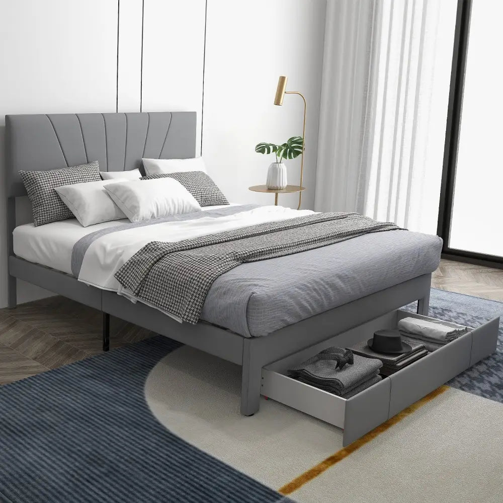 Full/Queen Size Upholstered Bed Frame with Drawer and Adjustable Headboard-Queen Size - Gray - Simple Bed Frame