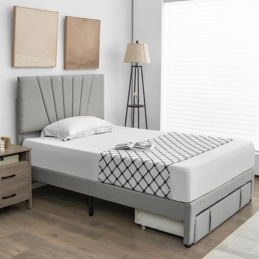 Full/Queen Size Upholstered Bed Frame with Drawer and Adjustable Headboard-Full Size - Gray - Simple Bed Frame
