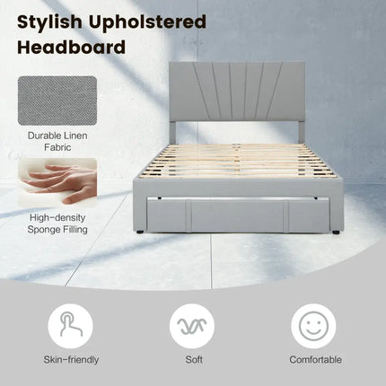 Full/Queen Size Upholstered Bed Frame with Drawer and Adjustable Headboard-Full Size - Gray - Simple Bed Frame