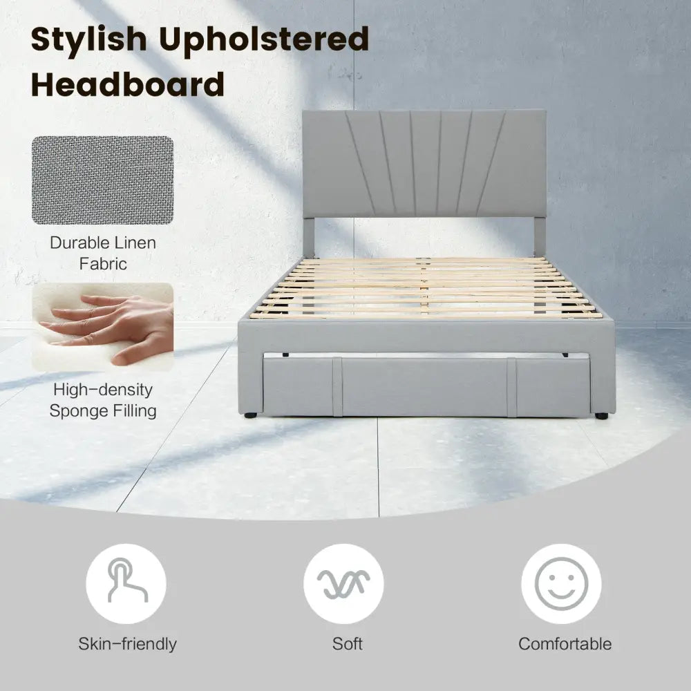 Full/Queen Size Upholstered Bed Frame with Drawer and Adjustable Headboard-Full Size - Gray - Simple Bed Frame