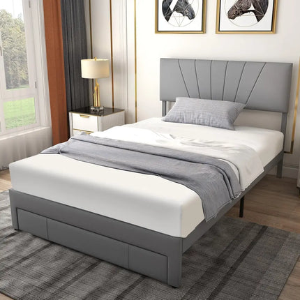 Full/Queen Size Upholstered Bed Frame with Drawer and Adjustable Headboard-Full Size - Gray - Simple Bed Frame