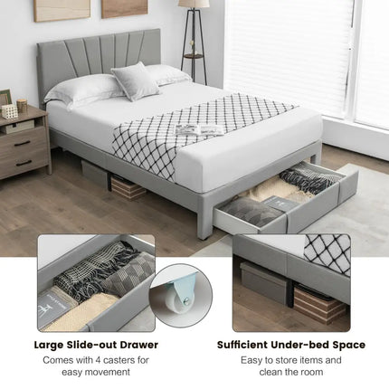 Full/Queen Size Upholstered Bed Frame with Drawer and Adjustable Headboard-Queen Size - Gray - Simple Bed Frame