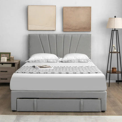 Full/Queen Size Upholstered Bed Frame with Drawer and Adjustable Headboard-Queen Size - Gray - Simple Bed Frame
