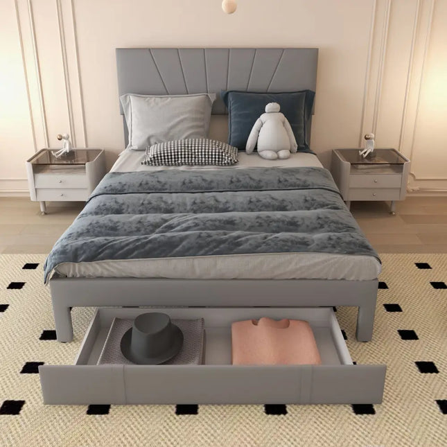 Full/Queen Size Upholstered Bed Frame with Drawer and Adjustable Headboard-Queen Size - Gray - Simple Bed Frame