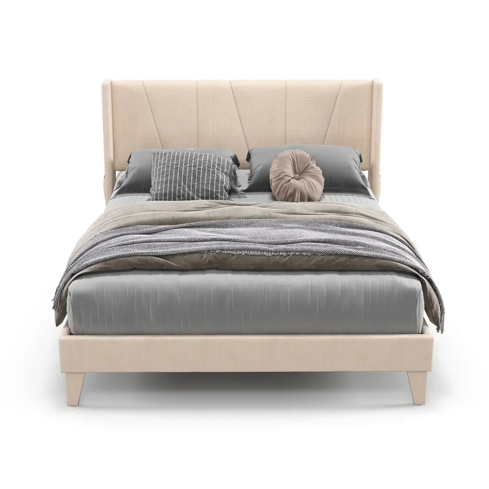Full/Queen Size Upholstered Bed Frame with Geometric Wingback Headboard-Queen Size - Beige - Simple Bed Frame