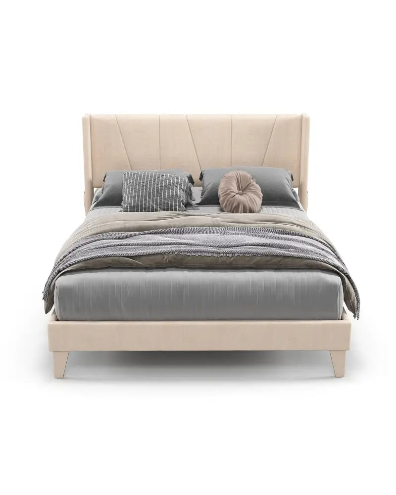 Full/Queen Size Upholstered Bed Frame with Geometric Wingback Headboard-Queen Size - Beige - Simple Bed Frame