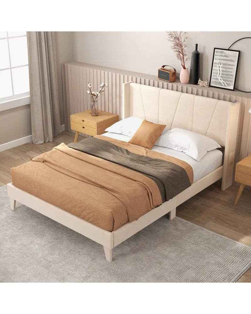 Full/Queen Size Upholstered Bed Frame with Geometric Wingback Headboard-Queen Size - Beige - Simple Bed Frame