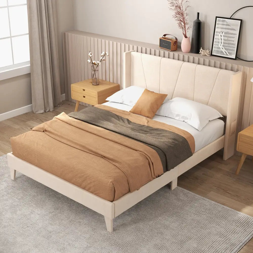 Full/Queen Size Upholstered Bed Frame with Geometric Wingback Headboard-Queen Size - Beige - Simple Bed Frame