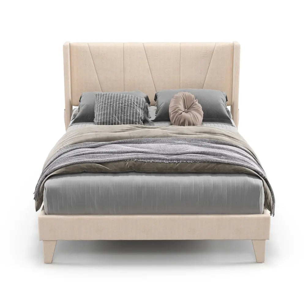 Full/Queen Size Upholstered Bed Frame with Geometric Wingback Headboard-Full Size - Beige - Simple Bed Frame