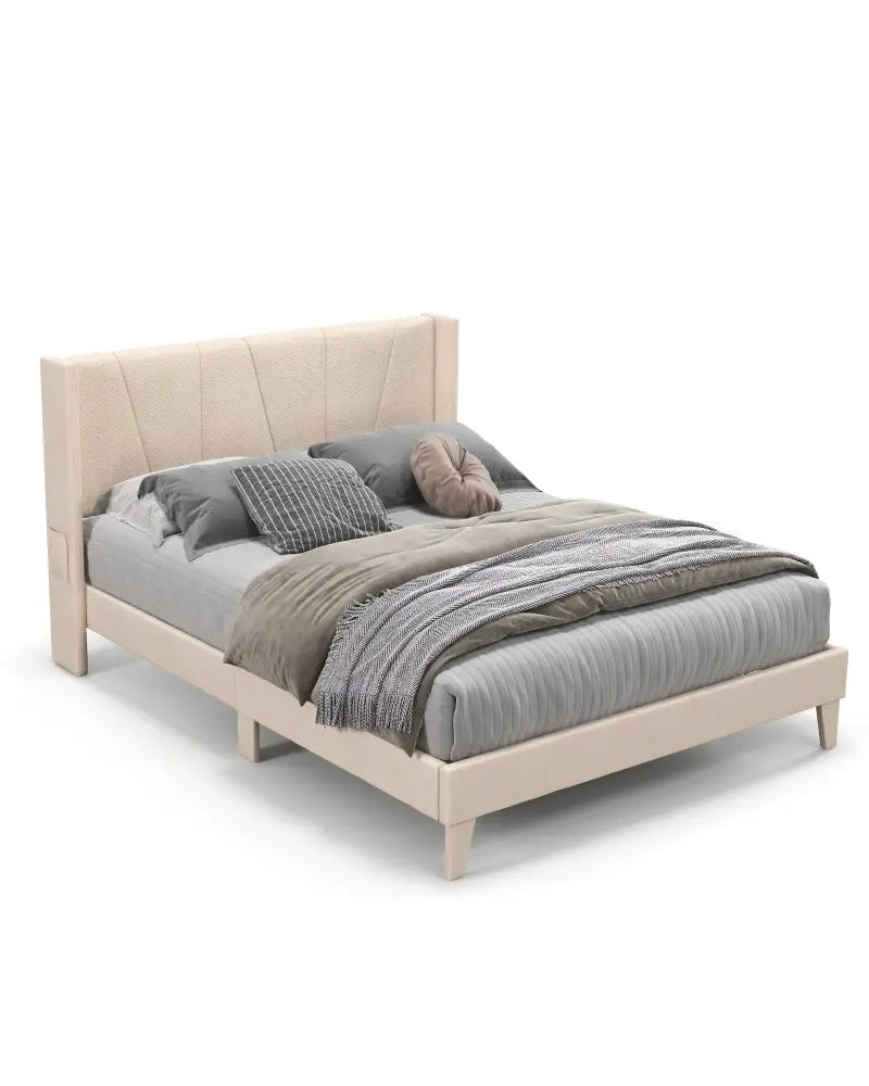 Full/Queen Size Upholstered Bed Frame with Geometric Wingback Headboard-Queen Size - Beige - Simple Bed Frame