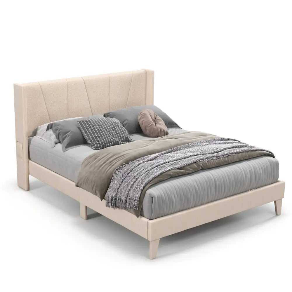Full/Queen Size Upholstered Bed Frame with Geometric Wingback Headboard-Queen Size - Beige - Simple Bed Frame
