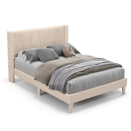 Full/Queen Size Upholstered Bed Frame with Geometric Wingback Headboard-Full Size - Beige - Simple Bed Frame