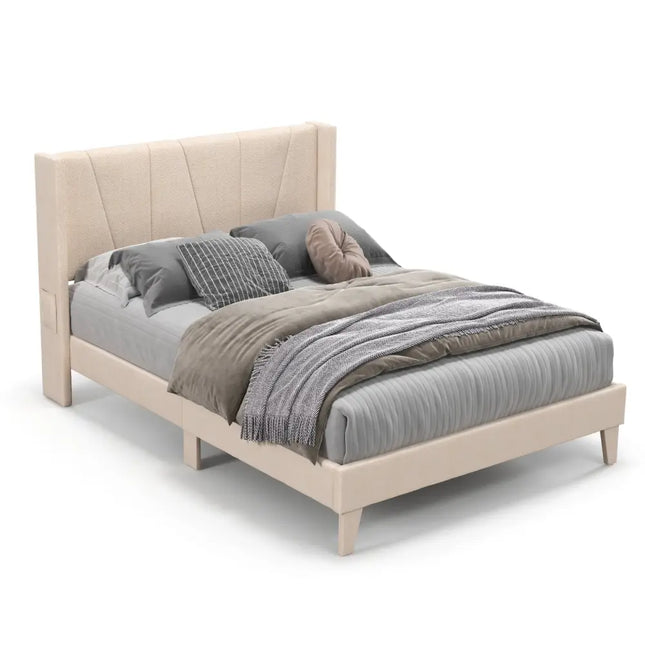 Full/Queen Size Upholstered Bed Frame with Geometric Wingback Headboard-Full Size - Beige - Simple Bed Frame