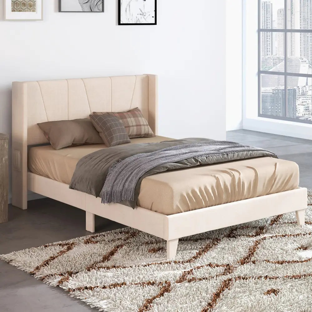 Full/Queen Size Upholstered Bed Frame with Geometric Wingback Headboard-Full Size - Beige - Simple Bed Frame