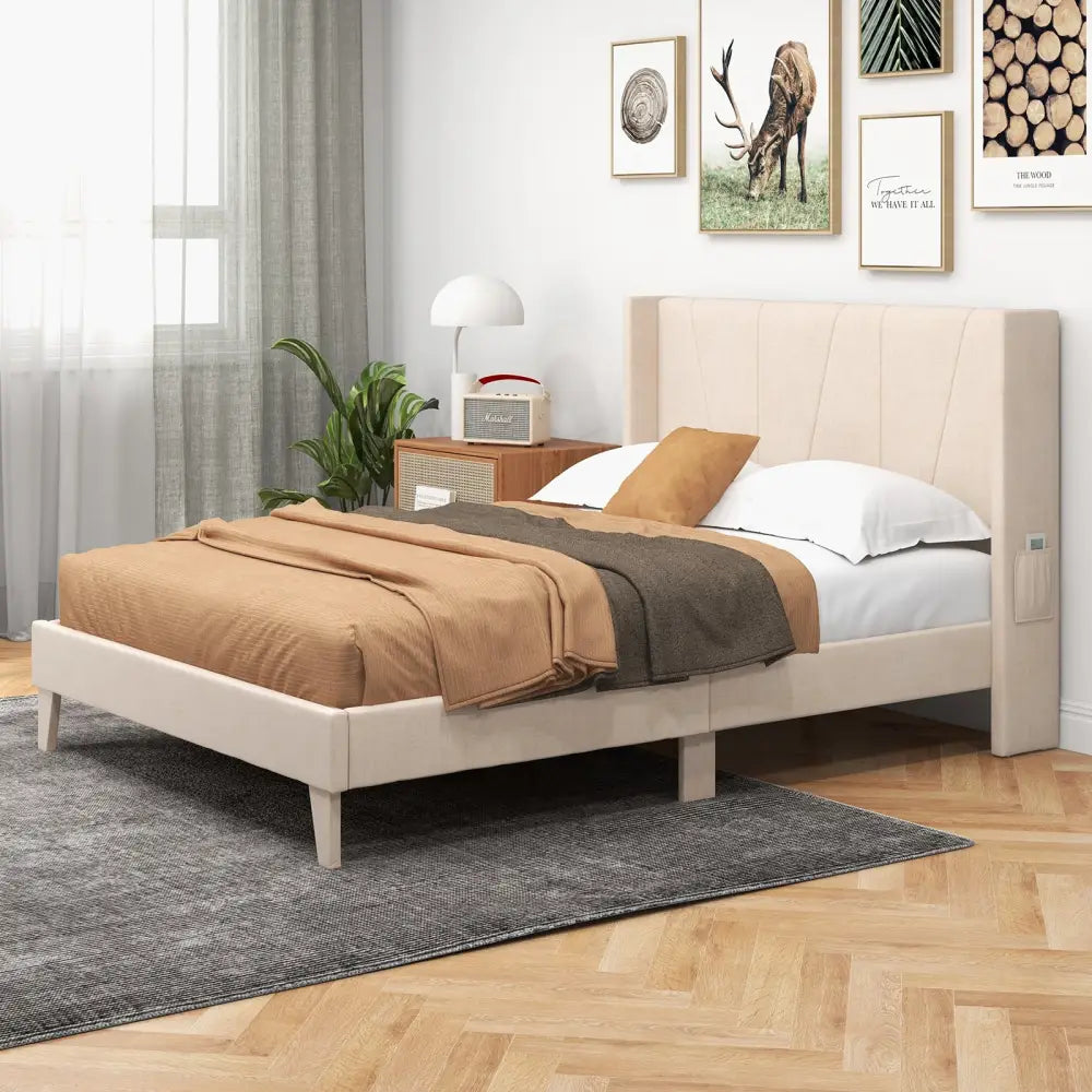 Full/Queen Size Upholstered Bed Frame with Geometric Wingback Headboard-Full Size - Beige - Simple Bed Frame