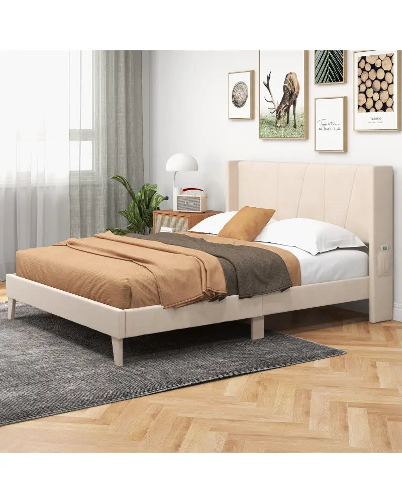 Full/Queen Size Upholstered Bed Frame with Geometric Wingback Headboard-Queen Size - Beige - Simple Bed Frame