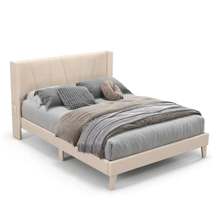 Full/Queen Size Upholstered Bed Frame with Geometric Wingback Headboard-Queen Size - Beige - Simple Bed Frame