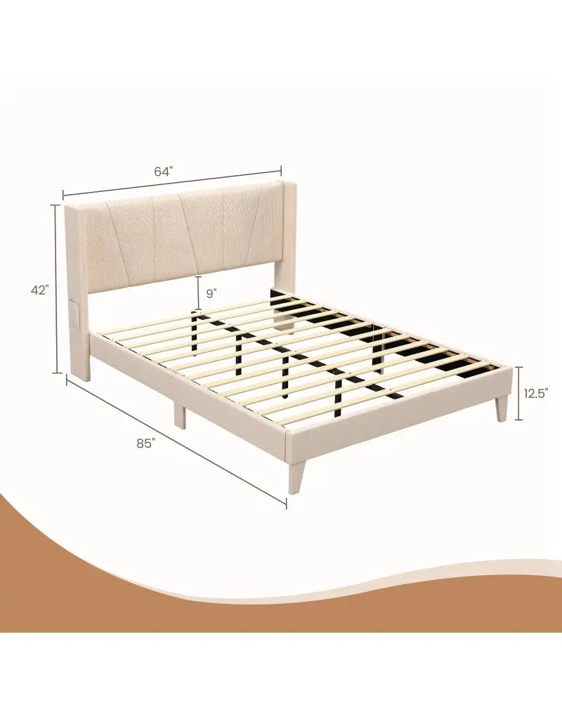 Full/Queen Size Upholstered Bed Frame with Geometric Wingback Headboard-Queen Size - Beige - Simple Bed Frame