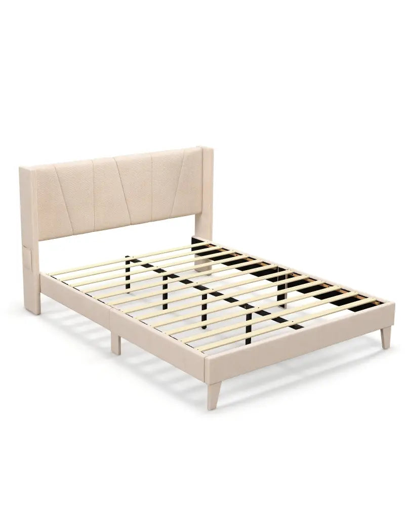 Full/Queen Size Upholstered Bed Frame with Geometric Wingback Headboard-Queen Size - Beige - Simple Bed Frame