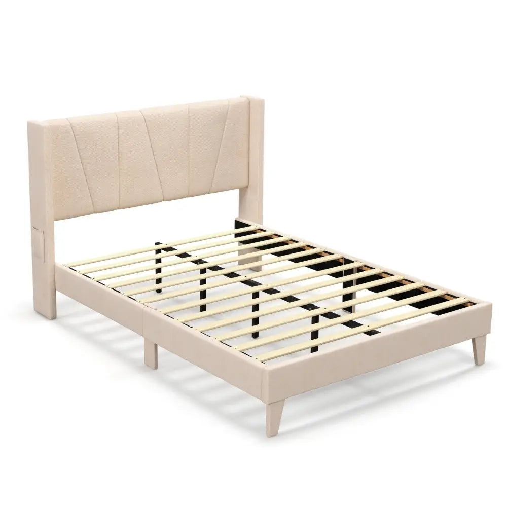 Full/Queen Size Upholstered Bed Frame with Geometric Wingback Headboard-Full Size - Beige - Simple Bed Frame