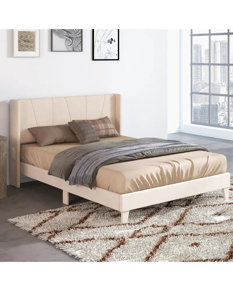 Full/Queen Size Upholstered Bed Frame with Geometric Wingback Headboard-Queen Size - Beige - Simple Bed Frame