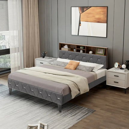 Full/Queen Size Upholstered Bed Frame with Storage Headboard-Full Size - Gray - Simple Bed Frame