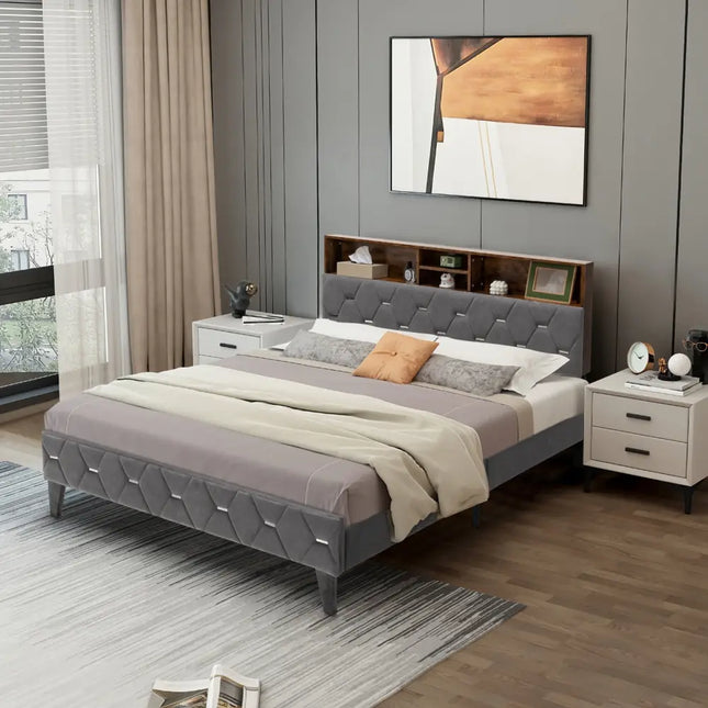 Full/Queen Size Upholstered Bed Frame with Storage Headboard-Full Size - Gray - Simple Bed Frame