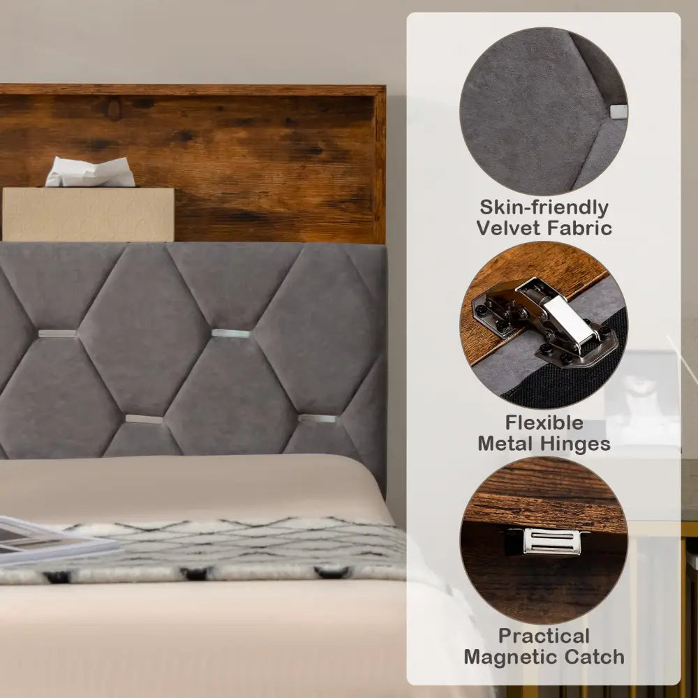 Full/Queen Size Upholstered Bed Frame with Storage Headboard-Full Size - Gray - Simple Bed Frame